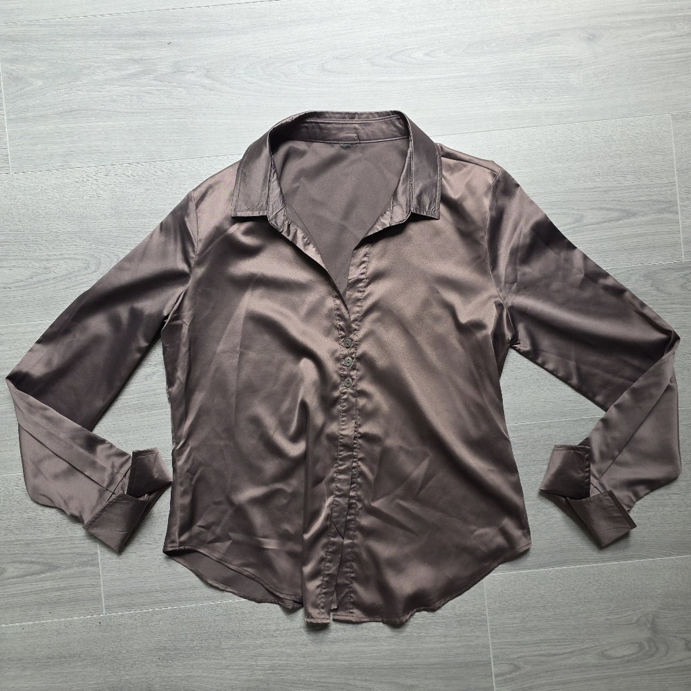 Silky Brown Button-Front Blouse